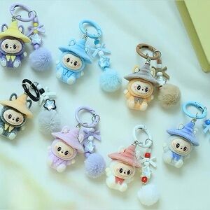 8PCs Cute Labubu Wizard Keychain Charm-Pastel Fuzzy Bunny Monster Doll w Pom-pom